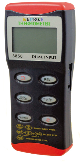 termometro digitale portatile per termocoppie tipo k, j, t, r, s, e, a due ingressi
